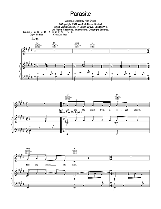 Preview Nick Drake Parasite Rock sheet music, notes and chords for Piano, Vocal & Guitar (Right-Hand Melody), SKU: 14736 sheet music, piano notes, chords, guitar tabs, score, transpose, transcribe, how to play, guide, download, learn, tutorial, progression, song, artist, awards, billboard, mtv, vh1, tour, single, album, release