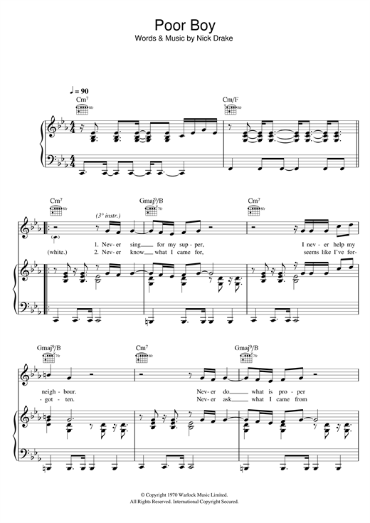 Preview Nick Drake Poor Boy Rock sheet music, notes and chords for Piano, Vocal & Guitar (Right-Hand Melody), SKU: 14739 sheet music, piano notes, chords, guitar tabs, score, transpose, transcribe, how to play, guide, download, learn, tutorial, progression, song, artist, awards, billboard, mtv, vh1, tour, single, album, release