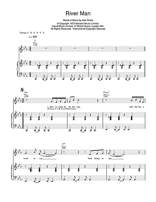 Preview Nick Drake River Man Rock sheet music, notes and chords for Piano, Vocal & Guitar, SKU: 14741 sheet music, piano notes, chords, guitar tabs, score, transpose, transcribe, how to play, guide, download, learn, tutorial, progression, song, artist, awards, billboard, mtv, vh1, tour, single, album, release