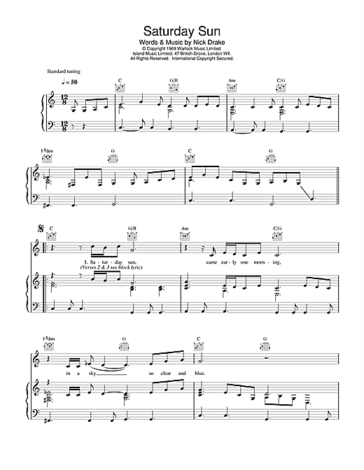Preview Nick Drake Saturday Sun Rock sheet music, notes and chords for Piano, Vocal & Guitar (Right-Hand Melody), SKU: 14743 sheet music, piano notes, chords, guitar tabs, score, transpose, transcribe, how to play, guide, download, learn, tutorial, progression, song, artist, awards, billboard, mtv, vh1, tour, single, album, release
