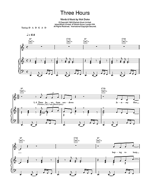 Preview Nick Drake Three Hours Rock sheet music, notes and chords for Piano, Vocal & Guitar (Right-Hand Melody), SKU: 14747 sheet music, piano notes, chords, guitar tabs, score, transpose, transcribe, how to play, guide, download, learn, tutorial, progression, song, artist, awards, billboard, mtv, vh1, tour, single, album, release