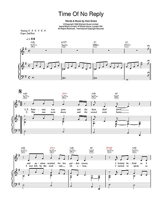 Preview Nick Drake Time Of No Reply Rock sheet music, notes and chords for Piano, Vocal & Guitar (Right-Hand Melody), SKU: 14749 sheet music, piano notes, chords, guitar tabs, score, transpose, transcribe, how to play, guide, download, learn, tutorial, progression, song, artist, awards, billboard, mtv, vh1, tour, single, album, release
