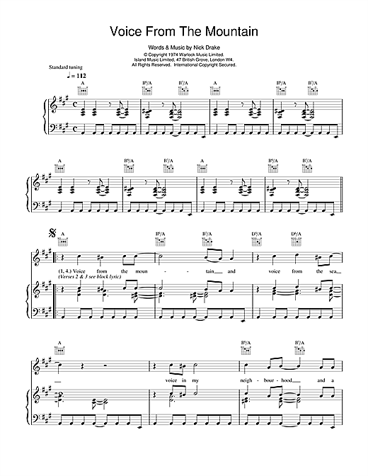 Preview Nick Drake Voice From The Mountain Rock sheet music, notes and chords for Piano, Vocal & Guitar (Right-Hand Melody), SKU: 14750 sheet music, piano notes, chords, guitar tabs, score, transpose, transcribe, how to play, guide, download, learn, tutorial, progression, song, artist, awards, billboard, mtv, vh1, tour, single, album, release