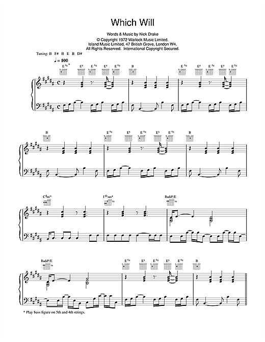 Preview Nick Drake Which Will Rock sheet music, notes and chords for Piano, Vocal & Guitar (Right-Hand Melody), SKU: 14752 sheet music, piano notes, chords, guitar tabs, score, transpose, transcribe, how to play, guide, download, learn, tutorial, progression, song, artist, awards, billboard, mtv, vh1, tour, single, album, release