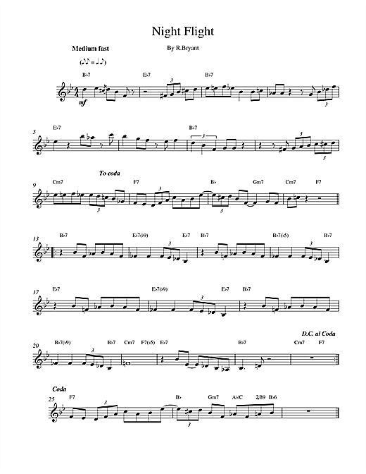 Preview Rusty Bryant Night Flight Jazz sheet music, notes and chords for Melody Line, Lyrics & Chords, SKU: 14753 sheet music, piano notes, chords, guitar tabs, score, transpose, transcribe, how to play, guide, download, learn, tutorial, progression, song, artist, awards, billboard, mtv, vh1, tour, single, album, release