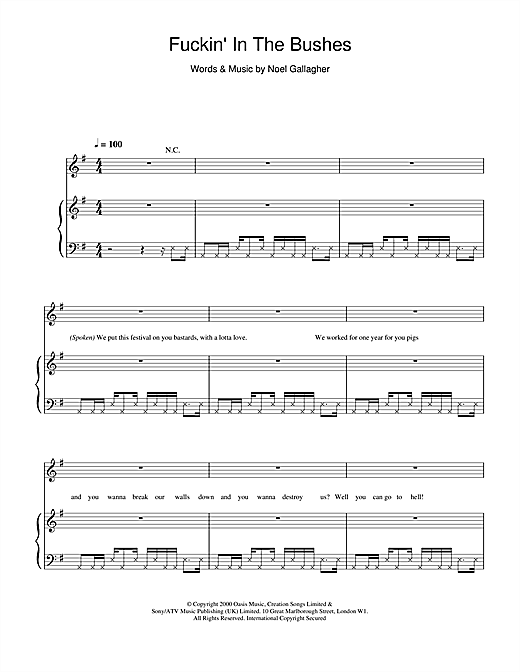 Preview Oasis Fuckin' In The Bushes Pop sheet music, notes and chords for Piano, Vocal & Guitar (Right-Hand Melody), SKU: 14755 sheet music, piano notes, chords, guitar tabs, score, transpose, transcribe, how to play, guide, download, learn, tutorial, progression, song, artist, awards, billboard, mtv, vh1, tour, single, album, release