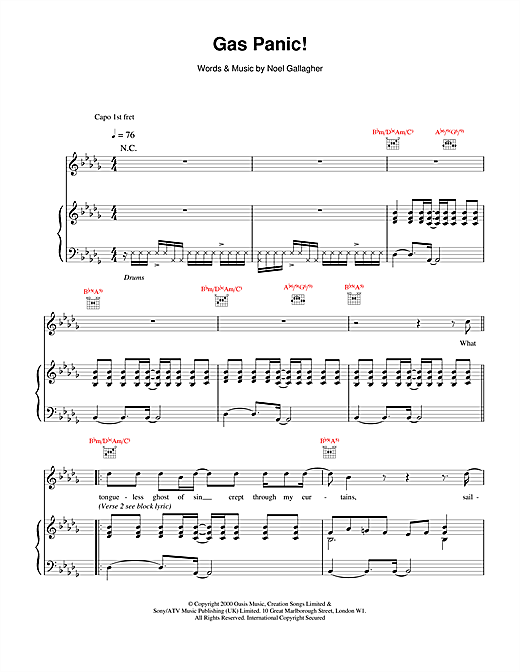 Preview Oasis Gas Panic! Pop sheet music, notes and chords for Piano, Vocal & Guitar, SKU: 14756 sheet music, piano notes, chords, guitar tabs, score, transpose, transcribe, how to play, guide, download, learn, tutorial, progression, song, artist, awards, billboard, mtv, vh1, tour, single, album, release