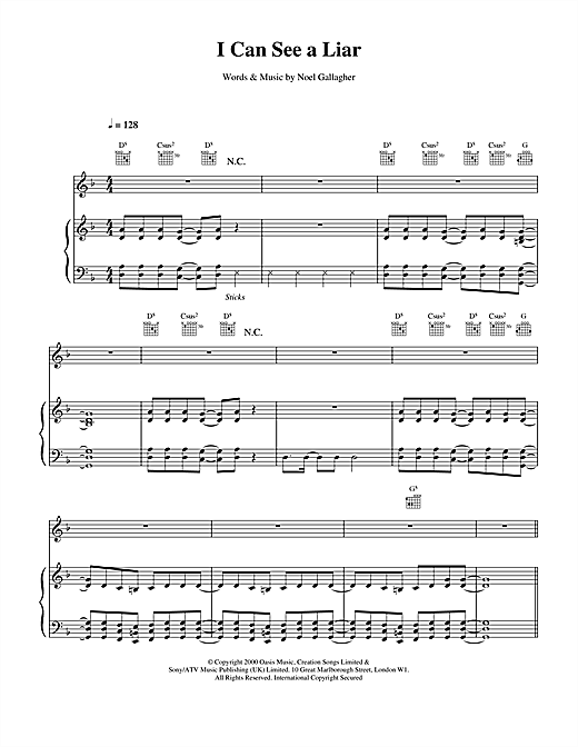 Preview Oasis I Can See A Liar Pop sheet music, notes and chords for Piano, Vocal & Guitar, SKU: 14757 sheet music, piano notes, chords, guitar tabs, score, transpose, transcribe, how to play, guide, download, learn, tutorial, progression, song, artist, awards, billboard, mtv, vh1, tour, single, album, release