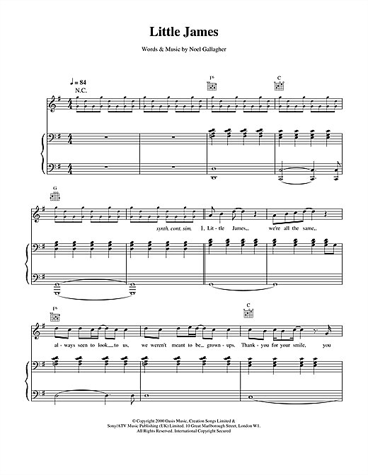 Preview Oasis Little James Pop sheet music, notes and chords for Piano, Vocal & Guitar, SKU: 14758 sheet music, piano notes, chords, guitar tabs, score, transpose, transcribe, how to play, guide, download, learn, tutorial, progression, song, artist, awards, billboard, mtv, vh1, tour, single, album, release