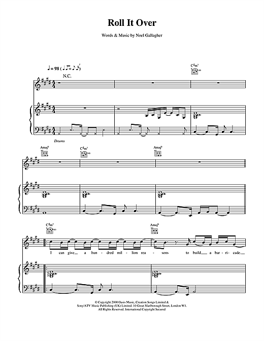 Preview Oasis Roll It Over Pop sheet music, notes and chords for Piano, Vocal & Guitar, SKU: 14760 sheet music, piano notes, chords, guitar tabs, score, transpose, transcribe, how to play, guide, download, learn, tutorial, progression, song, artist, awards, billboard, mtv, vh1, tour, single, album, release