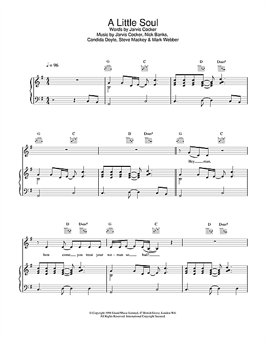 Preview Pulp A Little Soul Pop sheet music, notes and chords for Piano, Vocal & Guitar, SKU: 14773 sheet music, piano notes, chords, guitar tabs, score, transpose, transcribe, how to play, guide, download, learn, tutorial, progression, song, artist, awards, billboard, mtv, vh1, tour, single, album, release