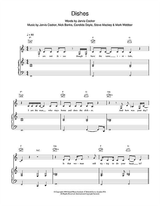 Preview Pulp Dishes Pop sheet music, notes and chords for Piano, Vocal & Guitar, SKU: 14774 sheet music, piano notes, chords, guitar tabs, score, transpose, transcribe, how to play, guide, download, learn, tutorial, progression, song, artist, awards, billboard, mtv, vh1, tour, single, album, release