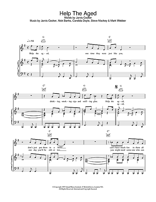 Preview Pulp Help The Aged Pop sheet music, notes and chords for Piano, Vocal & Guitar (Right-Hand Melody), SKU: 14776 sheet music, piano notes, chords, guitar tabs, score, transpose, transcribe, how to play, guide, download, learn, tutorial, progression, song, artist, awards, billboard, mtv, vh1, tour, single, album, release
