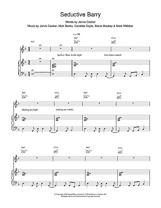 Preview Pulp Seductive Barry Pop sheet music, notes and chords for Piano, Vocal & Guitar, SKU: 14779 sheet music, piano notes, chords, guitar tabs, score, transpose, transcribe, how to play, guide, download, learn, tutorial, progression, song, artist, awards, billboard, mtv, vh1, tour, single, album, release