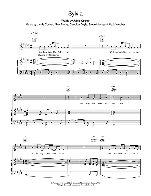 Preview Pulp Sylvia Pop sheet music, notes and chords for Piano, Vocal & Guitar, SKU: 14780 sheet music, piano notes, chords, guitar tabs, score, transpose, transcribe, how to play, guide, download, learn, tutorial, progression, song, artist, awards, billboard, mtv, vh1, tour, single, album, release
