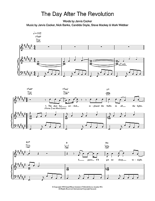 Preview Pulp The Day After The Revolution Pop sheet music, notes and chords for Piano, Vocal & Guitar (Right-Hand Melody), SKU: 14781 sheet music, piano notes, chords, guitar tabs, score, transpose, transcribe, how to play, guide, download, learn, tutorial, progression, song, artist, awards, billboard, mtv, vh1, tour, single, album, release