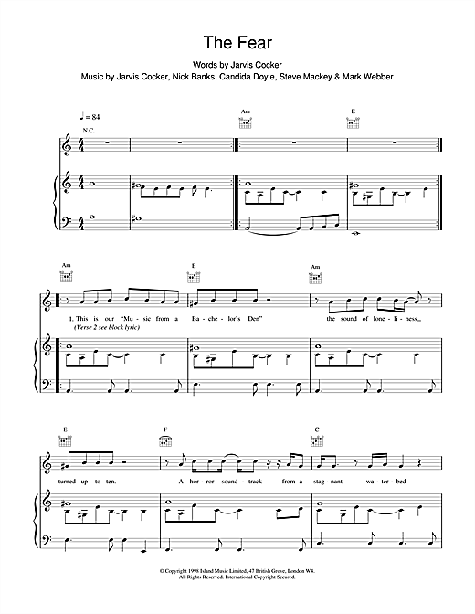 Preview Pulp The Fear Pop sheet music, notes and chords for Piano, Vocal & Guitar, SKU: 14782 sheet music, piano notes, chords, guitar tabs, score, transpose, transcribe, how to play, guide, download, learn, tutorial, progression, song, artist, awards, billboard, mtv, vh1, tour, single, album, release