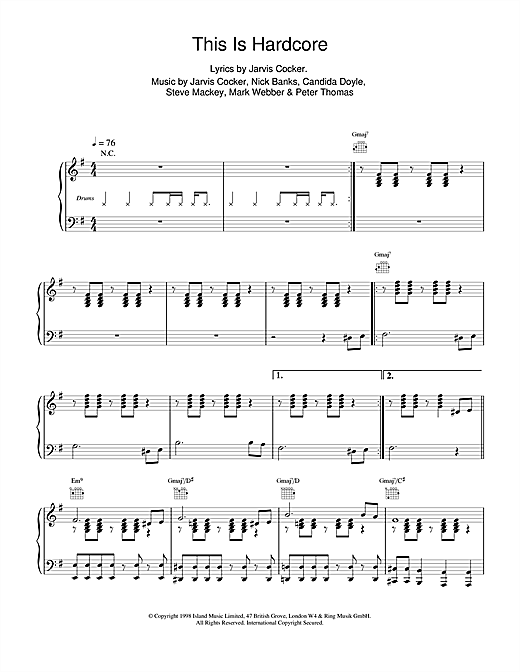 Preview Pulp This Is Hardcore Pop sheet music, notes and chords for Piano, Vocal & Guitar, SKU: 14783 sheet music, piano notes, chords, guitar tabs, score, transpose, transcribe, how to play, guide, download, learn, tutorial, progression, song, artist, awards, billboard, mtv, vh1, tour, single, album, release