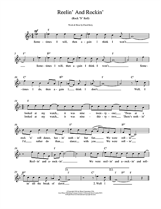 Preview Chuck Berry Reelin' And Rockin' Pop sheet music, notes and chords for Melody Line, Lyrics & Chords, SKU: 14786 sheet music, piano notes, chords, guitar tabs, score, transpose, transcribe, how to play, guide, download, learn, tutorial, progression, song, artist, awards, billboard, mtv, vh1, tour, single, album, release