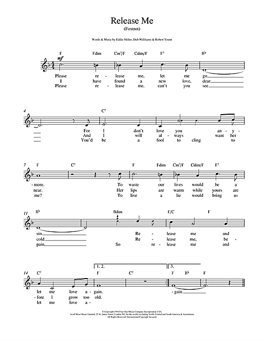 Preview Engelbert Humperdinck Release Me Easy Listening sheet music, notes and chords for Melody Line, Lyrics & Chords, SKU: 14787 sheet music, piano notes, chords, guitar tabs, score, transpose, transcribe, how to play, guide, download, learn, tutorial, progression, song, artist, awards, billboard, mtv, vh1, tour, single, album, release