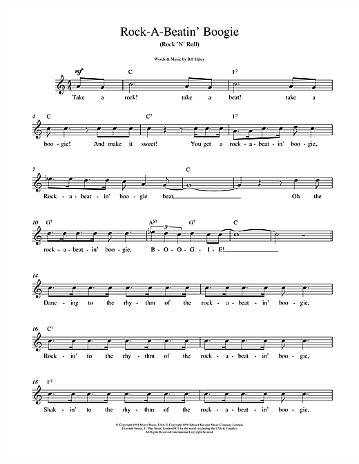 Preview Bill Haley Rock A Beatin Boogie Rock N Roll sheet music, notes and chords for Melody Line, Lyrics & Chords, SKU: 14788 sheet music, piano notes, chords, guitar tabs, score, transpose, transcribe, how to play, guide, download, learn, tutorial, progression, song, artist, awards, billboard, mtv, vh1, tour, single, album, release