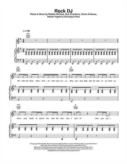 Preview Robbie Williams Rock DJ Rock sheet music, notes and chords for Piano, Vocal & Guitar, SKU: 14789 sheet music, piano notes, chords, guitar tabs, score, transpose, transcribe, how to play, guide, download, learn, tutorial, progression, song, artist, awards, billboard, mtv, vh1, tour, single, album, release