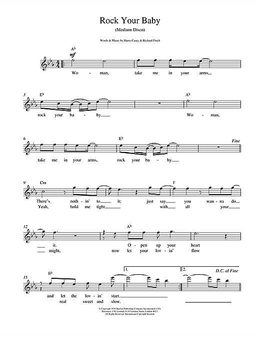 Preview Harry Casey And Richard Finch Rock Your Baby Pop sheet music, notes and chords for Melody Line, Lyrics & Chords, SKU: 14791 sheet music, piano notes, chords, guitar tabs, score, transpose, transcribe, how to play, guide, download, learn, tutorial, progression, song, artist, awards, billboard, mtv, vh1, tour, single, album, release