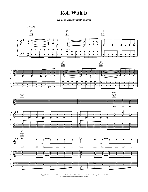 Preview Oasis Roll With It Pop sheet music, notes and chords for Piano, Vocal & Guitar (Right-Hand Melody), SKU: 14792 sheet music, piano notes, chords, guitar tabs, score, transpose, transcribe, how to play, guide, download, learn, tutorial, progression, song, artist, awards, billboard, mtv, vh1, tour, single, album, release