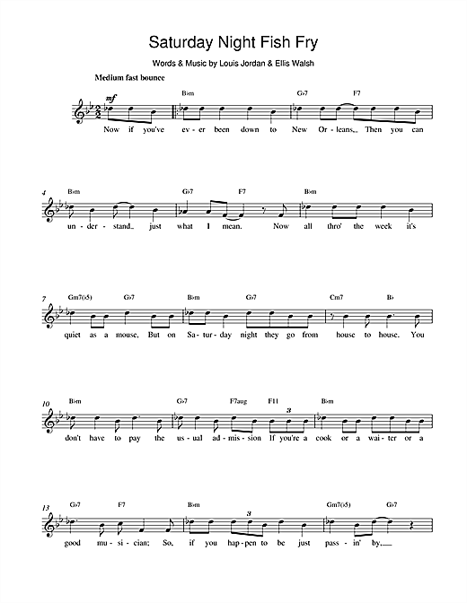 Preview Jordan Saturday Night Fish Fry Jazz sheet music, notes and chords for Melody Line, Lyrics & Chords, SKU: 14796 sheet music, piano notes, chords, guitar tabs, score, transpose, transcribe, how to play, guide, download, learn, tutorial, progression, song, artist, awards, billboard, mtv, vh1, tour, single, album, release