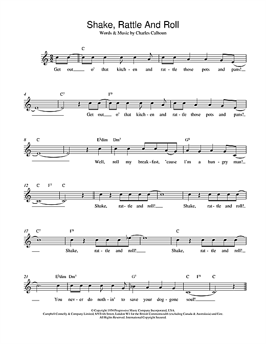 Preview Bill Haley Shake, Rattle And Roll Rock sheet music, notes and chords for Melody Line, Lyrics & Chords, SKU: 14798 sheet music, piano notes, chords, guitar tabs, score, transpose, transcribe, how to play, guide, download, learn, tutorial, progression, song, artist, awards, billboard, mtv, vh1, tour, single, album, release