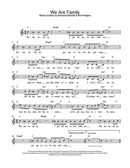 Preview Sister Sledge We Are Family Soul sheet music, notes and chords for Melody Line, Lyrics & Chords, SKU: 14802 sheet music, piano notes, chords, guitar tabs, score, transpose, transcribe, how to play, guide, download, learn, tutorial, progression, song, artist, awards, billboard, mtv, vh1, tour, single, album, release