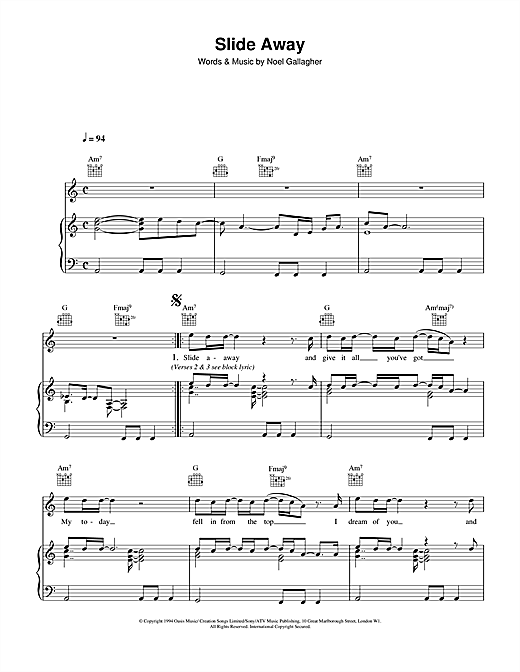 Preview Oasis Slide Away Pop sheet music, notes and chords for Piano, Vocal & Guitar (Right-Hand Melody), SKU: 14803 sheet music, piano notes, chords, guitar tabs, score, transpose, transcribe, how to play, guide, download, learn, tutorial, progression, song, artist, awards, billboard, mtv, vh1, tour, single, album, release