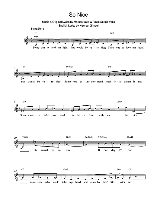 Preview Paulo Sergio Valle So Nice Latin sheet music, notes and chords for Melody Line, Lyrics & Chords, SKU: 14804 sheet music, piano notes, chords, guitar tabs, score, transpose, transcribe, how to play, guide, download, learn, tutorial, progression, song, artist, awards, billboard, mtv, vh1, tour, single, album, release