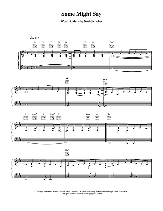 Preview Oasis Some Might Say Pop sheet music, notes and chords for Piano, Vocal & Guitar (Right-Hand Melody), SKU: 14805 sheet music, piano notes, chords, guitar tabs, score, transpose, transcribe, how to play, guide, download, learn, tutorial, progression, song, artist, awards, billboard, mtv, vh1, tour, single, album, release