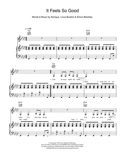 Preview Sonique It Feels So Good Pop sheet music, notes and chords for Piano, Vocal & Guitar, SKU: 14806 sheet music, piano notes, chords, guitar tabs, score, transpose, transcribe, how to play, guide, download, learn, tutorial, progression, song, artist, awards, billboard, mtv, vh1, tour, single, album, release
