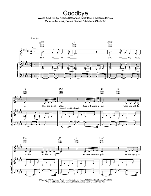 Preview The Spice Girls Goodbye Pop sheet music, notes and chords for Piano, Vocal & Guitar, SKU: 14808 sheet music, piano notes, chords, guitar tabs, score, transpose, transcribe, how to play, guide, download, learn, tutorial, progression, song, artist, awards, billboard, mtv, vh1, tour, single, album, release