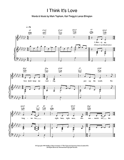 Preview Steps I Think It's Love Pop sheet music, notes and chords for Piano, Vocal & Guitar (Right-Hand Melody), SKU: 14812 sheet music, piano notes, chords, guitar tabs, score, transpose, transcribe, how to play, guide, download, learn, tutorial, progression, song, artist, awards, billboard, mtv, vh1, tour, single, album, release