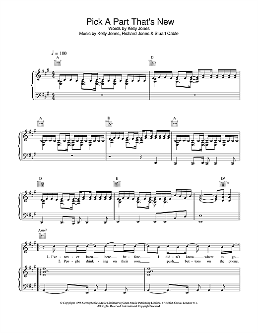Preview Stereophonics Pick A Part That's New Rock sheet music, notes and chords for Piano, Vocal & Guitar, SKU: 14821 sheet music, piano notes, chords, guitar tabs, score, transpose, transcribe, how to play, guide, download, learn, tutorial, progression, song, artist, awards, billboard, mtv, vh1, tour, single, album, release