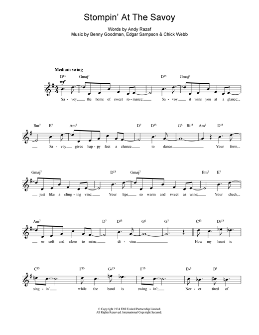Preview Benny Goodman Stompin At The Savoy Jazz sheet music, notes and chords for Melody Line, Lyrics & Chords, SKU: 14841 sheet music, piano notes, chords, guitar tabs, score, transpose, transcribe, how to play, guide, download, learn, tutorial, progression, song, artist, awards, billboard, mtv, vh1, tour, single, album, release