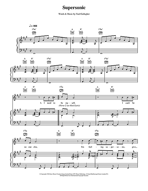 Preview Oasis Supersonic Pop sheet music, notes and chords for Piano, Vocal & Guitar (Right-Hand Melody), SKU: 14842 sheet music, piano notes, chords, guitar tabs, score, transpose, transcribe, how to play, guide, download, learn, tutorial, progression, song, artist, awards, billboard, mtv, vh1, tour, single, album, release