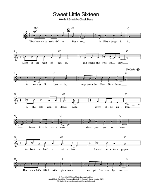 Preview Chuck Berry Sweet Little Sixteen Pop sheet music, notes and chords for Melody Line, Lyrics & Chords, SKU: 14843 sheet music, piano notes, chords, guitar tabs, score, transpose, transcribe, how to play, guide, download, learn, tutorial, progression, song, artist, awards, billboard, mtv, vh1, tour, single, album, release