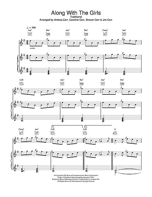 Preview The Corrs Along With The Girls Folk sheet music, notes and chords for Piano, Vocal & Guitar (Right-Hand Melody), SKU: 14848 sheet music, piano notes, chords, guitar tabs, score, transpose, transcribe, how to play, guide, download, learn, tutorial, progression, song, artist, awards, billboard, mtv, vh1, tour, single, album, release