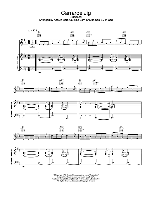 Preview The Corrs Carraroe Jig Folk sheet music, notes and chords for Piano, Vocal & Guitar (Right-Hand Melody), SKU: 14849 sheet music, piano notes, chords, guitar tabs, score, transpose, transcribe, how to play, guide, download, learn, tutorial, progression, song, artist, awards, billboard, mtv, vh1, tour, single, album, release
