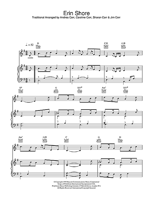 Preview The Corrs Erin Shore Folk sheet music, notes and chords for Piano, Vocal & Guitar (Right-Hand Melody), SKU: 14850 sheet music, piano notes, chords, guitar tabs, score, transpose, transcribe, how to play, guide, download, learn, tutorial, progression, song, artist, awards, billboard, mtv, vh1, tour, single, album, release
