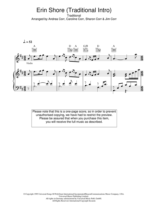 Preview The Corrs Erin Shore (Traditional Intro) Folk sheet music, notes and chords for Piano, Vocal & Guitar (Right-Hand Melody), SKU: 14851 sheet music, piano notes, chords, guitar tabs, score, transpose, transcribe, how to play, guide, download, learn, tutorial, progression, song, artist, awards, billboard, mtv, vh1, tour, single, album, release