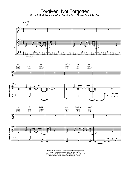 Preview The Corrs Forgiven, Not Forgotten Folk sheet music, notes and chords for Piano, Vocal & Guitar, SKU: 14852 sheet music, piano notes, chords, guitar tabs, score, transpose, transcribe, how to play, guide, download, learn, tutorial, progression, song, artist, awards, billboard, mtv, vh1, tour, single, album, release