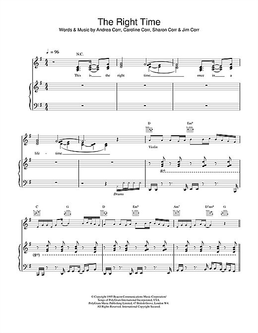Preview The Corrs The Right Time Folk sheet music, notes and chords for Piano, Vocal & Guitar (Right-Hand Melody), SKU: 14853 sheet music, piano notes, chords, guitar tabs, score, transpose, transcribe, how to play, guide, download, learn, tutorial, progression, song, artist, awards, billboard, mtv, vh1, tour, single, album, release