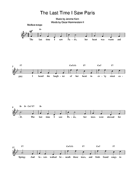 Preview Jerome Kern The Last Time I Saw Paris Pop sheet music, notes and chords for Melody Line, Lyrics & Chords, SKU: 14856 sheet music, piano notes, chords, guitar tabs, score, transpose, transcribe, how to play, guide, download, learn, tutorial, progression, song, artist, awards, billboard, mtv, vh1, tour, single, album, release