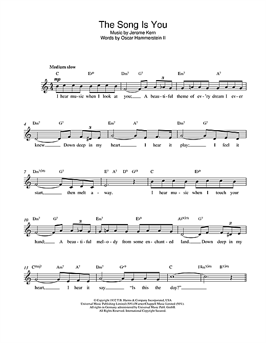 Preview Jerome Kern The Song Is You Pop sheet music, notes and chords for Melody Line, Lyrics & Chords, SKU: 14857 sheet music, piano notes, chords, guitar tabs, score, transpose, transcribe, how to play, guide, download, learn, tutorial, progression, song, artist, awards, billboard, mtv, vh1, tour, single, album, release