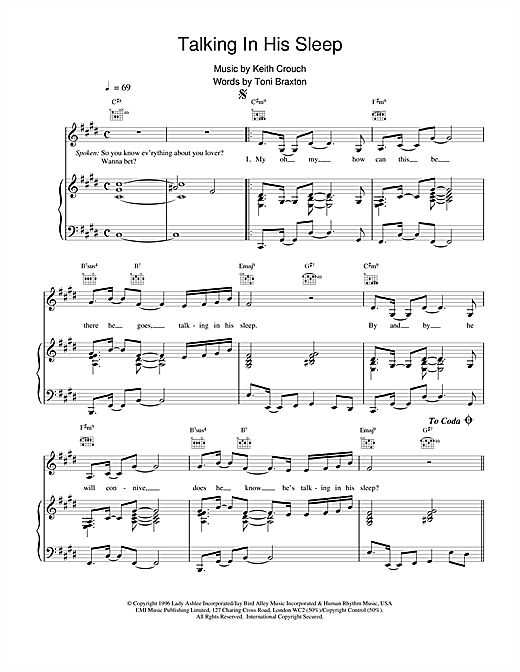 Preview Toni Braxton Talking In His Sleep R & B sheet music, notes and chords for Piano, Vocal & Guitar (Right-Hand Melody), SKU: 14868 sheet music, piano notes, chords, guitar tabs, score, transpose, transcribe, how to play, guide, download, learn, tutorial, progression, song, artist, awards, billboard, mtv, vh1, tour, single, album, release